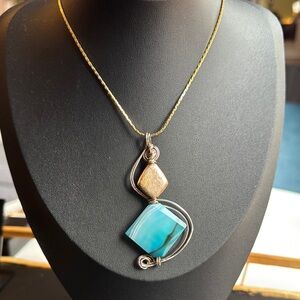 Handcrafted Gold & Silver Pendant Necklace w Teal Agate Stone on Napier Necklace